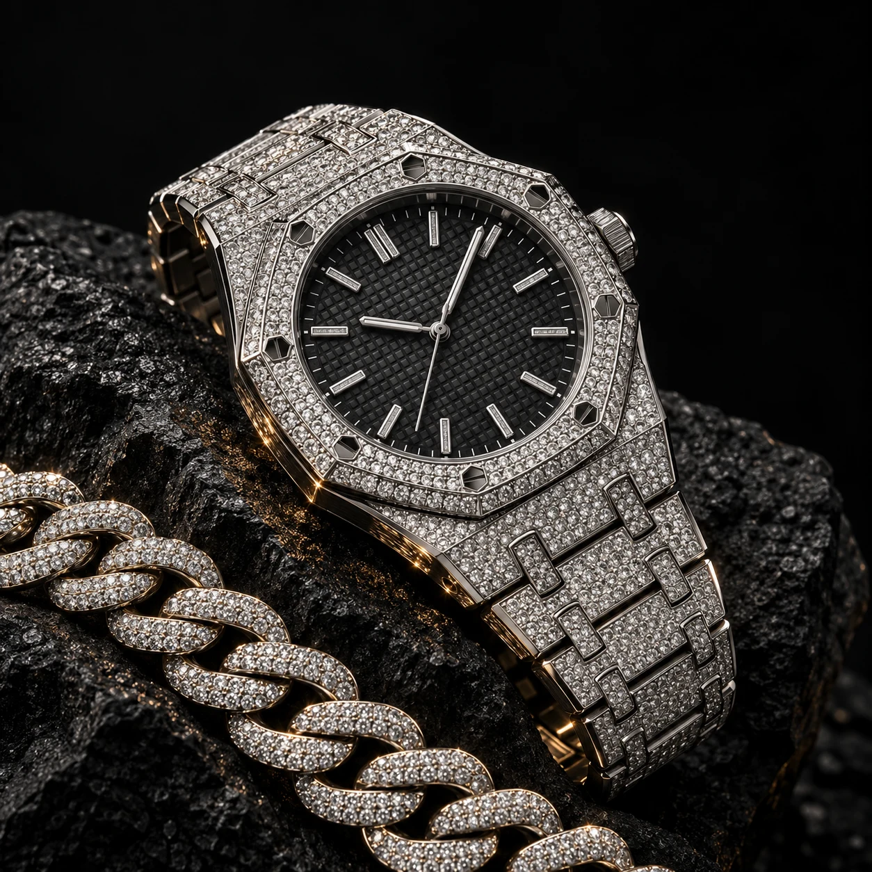 Illustrative diamond-set watch and Cuban-link chain design study